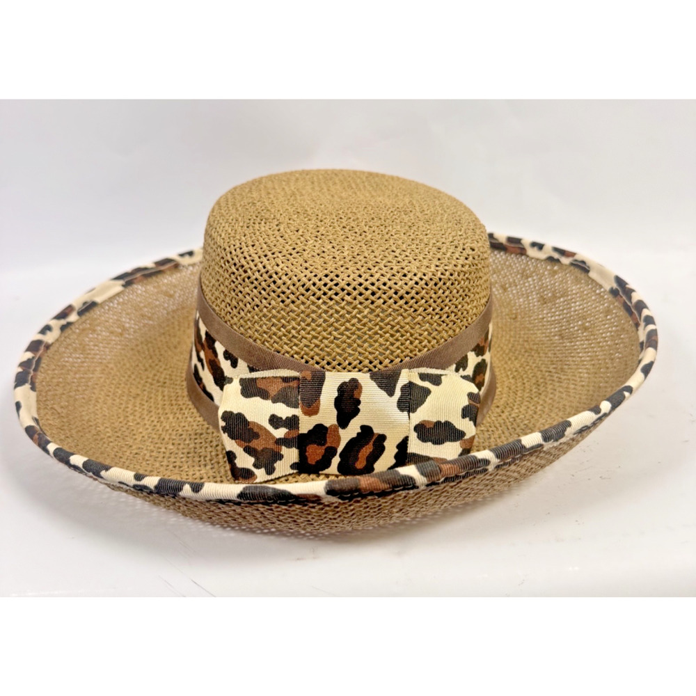 Vintage Sonni San Francisco Straw Hat Leopard Bow Wide Brim Made USA Women’s - Picture 2 of 5